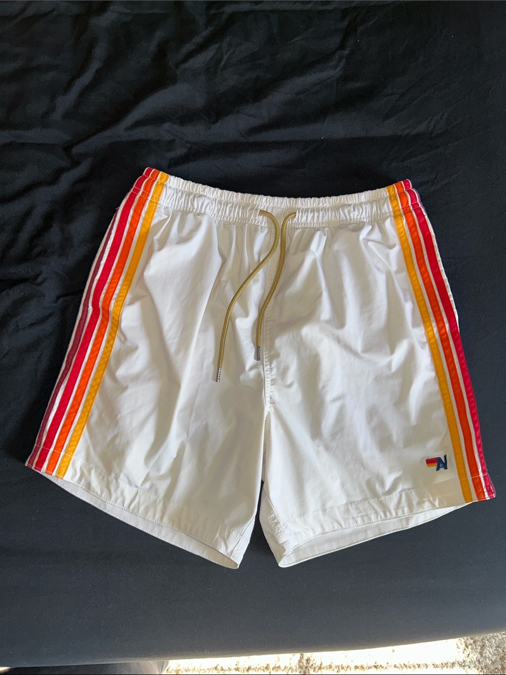 Men's Aviator Nation White 5 Stripe Flex Shorts with Drawstring Size 32